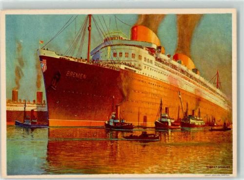 Bremen Norddeutscher Lloyd Bremen Vierschrauben Turbinen Schnelldampfer Europa Schleppschiff sign. Robert Schmidt