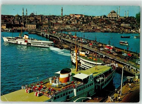Konstantinopel Galata Brückedie Neue Moschee und Süleymaiye Schiff Omnibus LKW Auto