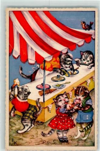 Katzen Eiswagen sign. F.K. Tier, vermenschlicht Künstlerkarte