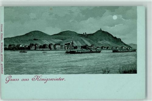53639 W5330 Königswinter Lithographie / Mondschein Frachtschiff Ottmar Zieher