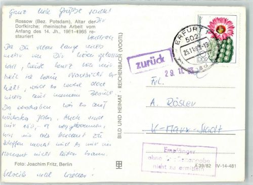 Erfurt Zurück Stempel Empfänger unbekannt