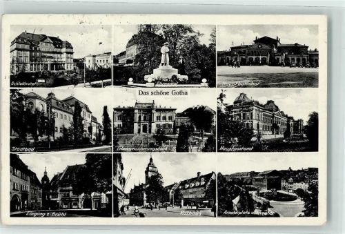Gotha Schlosshotel Ehrenmal Hauptbahnhof Stadtbad Lebensversicherungsbank Hauptpost Eingang z. Brühl Rathaus Arnoldplatz u. Theater