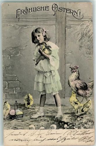 1906 Mädchen Ostereier Huhn Küken Stall