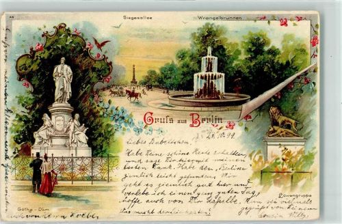10115 W1000 Tiergarten 1899 Lithographie Wrangel-Brunnen Goethe-Denkmal Siegesallee