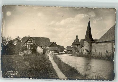 91732 W8828 Merkendorf , Mittelfr Foto AK Kirche Turm Bach 1921