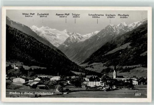 Mieders Gletscherblick Wilder Pfaff Zuckerhütl Aperer Pfaff Trögler Schaufelspitze Greitspitz Pfandlspitz Kirche Stubai
