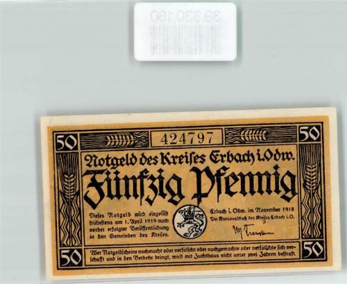 Erbach 1918 Notgeld 50 Pfennig des Kreises Erbach i. Odw. Nr.424797