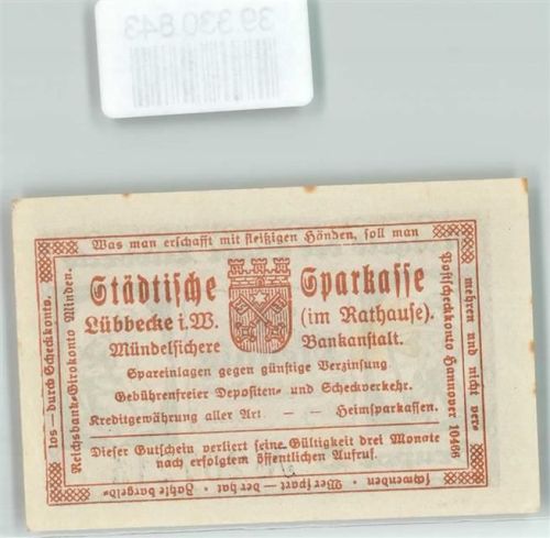 Lübbecke Notgeld 10 Pfennig Sebse Mann Frau Wappen Schlüssel Türme