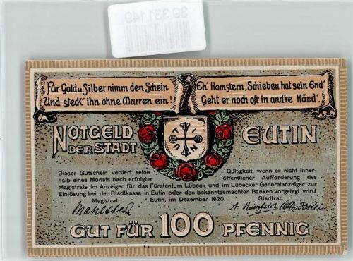 Eutin Notgeld 100 Pfennig Wappen Kirche Rosen