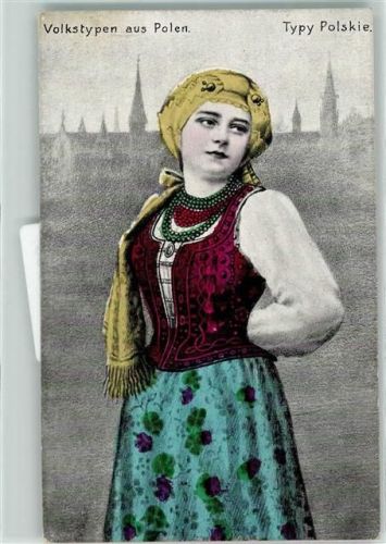 Volkstypen aus Polen Frau Tracht Kirche Türme