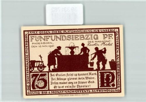 Paderborn Notgeld 75 Pfennig Brunnen Wasserträger