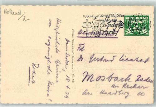Amsterdam Einzelfrankatur Werbestempel Tuberkulose 1939