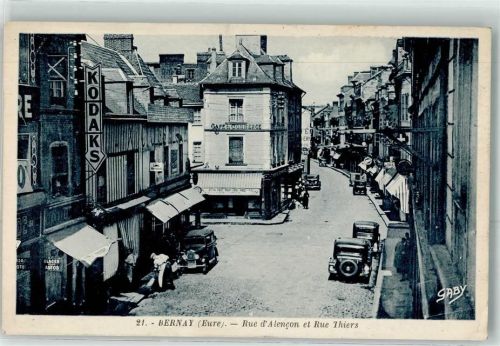 Bernay WK II Stempel Rue d Alencon et Rue Thiers Auto Cafe du Commerce Kodaks Geschäft