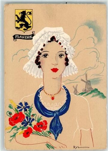 Flandre Flandern Wappen Löwe Frau Tracht Blumen Windmühle Haube Kette Halstuch