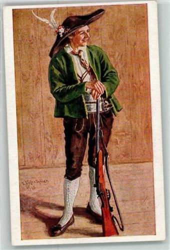 Passeier Gewehr Frau in Tracht sign.Tiefenthaler Verlag Amon Nr.Q 16264 Trachten Südtirol Künstlerkarte