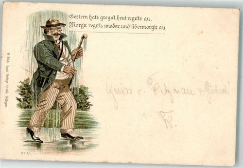 1897 Männlicher Tourist mit Gehstock wandert vergnügt durch den Regen
