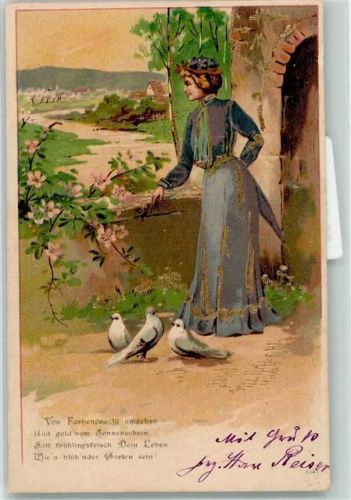Junge Frau guckt in die Frühlingslandschaft Tauben Gedicht Lithographie