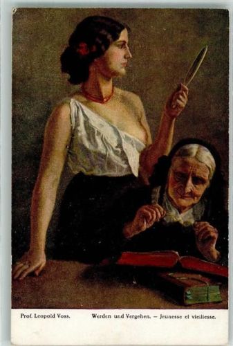 sign. Leopold Voss : Werden und Vergehen , Alte und junge Frau Buch lesen Handspiegel