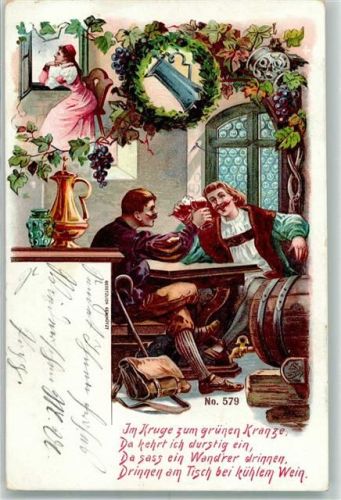 1899 Gasthaus zum grünen Kranze Wandersleute Weinfaß Weinkrug Mittelalter