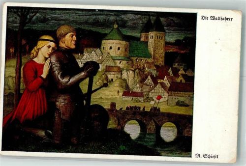 Wallfahrer verabschiedet sich von seinem Burgfräulein vor einer großen mittelalterlichen Kirche Verlag Hermann A. Wiechmann Mappe 33