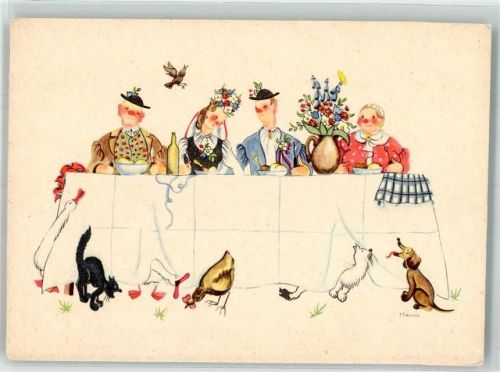 sign. Hahn Bauernhochzeit in Tracht mit Katze Huhn und Gans