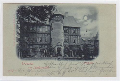Mondscheinkarte Gruss aus Salzwedel mit Probstei gelaufen 1898. Rückseite leicht fleckig, sonst gut erhalten.