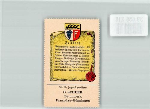 Fellbach Wappensammelmarke Nr. 146 Unsere deutsche Heimat f.d. Jugend gestiftet G. Schurr Betonwerk Faurnau-Göppingen