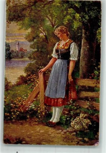 1920 Junge Frau in Tracht vor dem Abschied aus der Heimat Verlag Wiener Kunst B.K.W.I. Nr. 2879