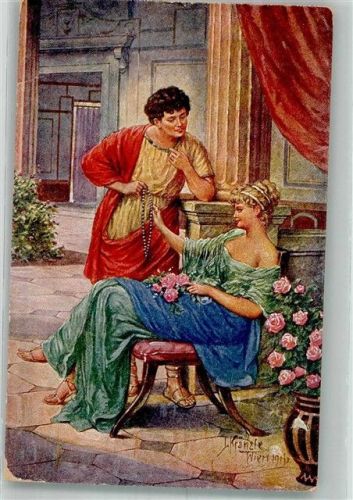 1917 Junger Mann im klassischen Gewand bemüht sich um Frau Rosen Antike