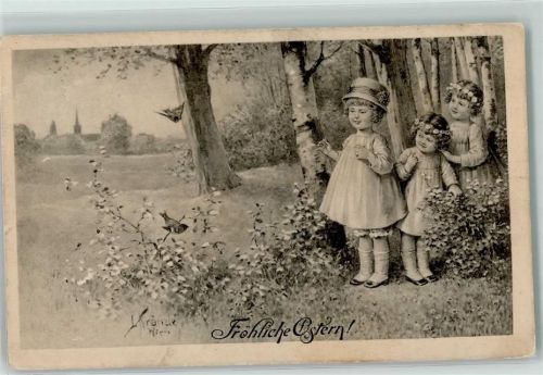 1914 Ostern Kinder mit hut und Blumenkranz im Haar Verlag BKW I Brüder Kohn Serie 670-6 AK