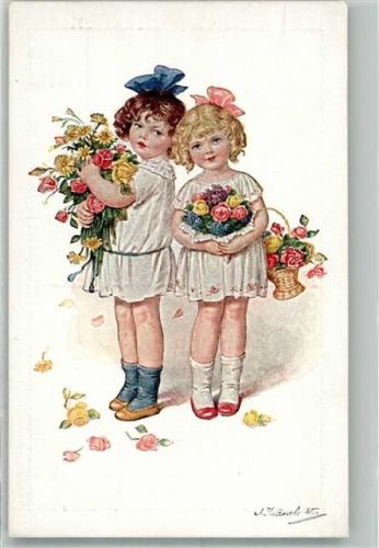 Zwei Mädchen mit bunten Blumensträußen