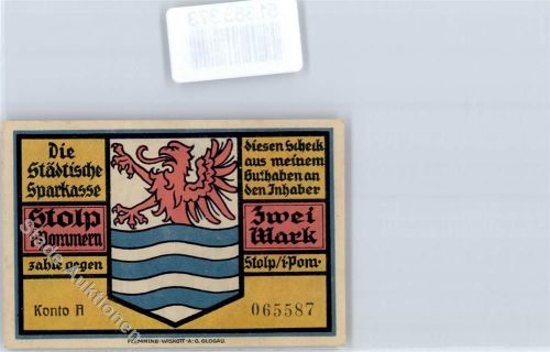 Stolp Scheck Städtische Sparkasse Wappen Portrait v. Blücher