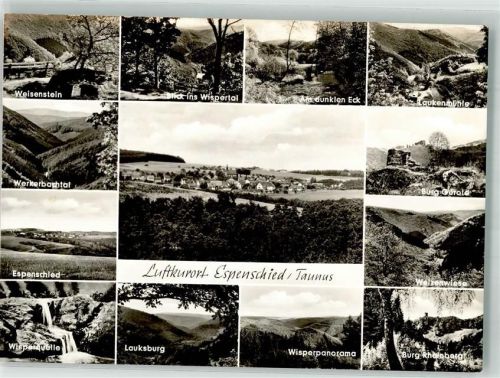 Espenschied Panorama des Ortes mit Sankt-Nikolaus-Kirche Weisenstein Werkerbachtal Wisperquelle Wispertal Am dunklen Eck Laukenmühle Burg Gerold Weizenwiese Burg Rheinberg Lauksburg