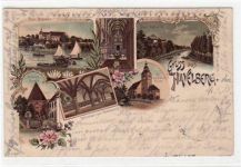 Lithographie Gruss aus Havelberg mit St. Laurentiuskirche, Dom-Westseite, Dom-Südseite, Mittelschiff vom Dom, Paradiessaal und St.Annen-Kapelle, gelaufen 1898. Leicht fleckig, Leichter Stempeldurchdruck.