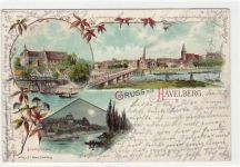 Lithographie Gruss aus Havelberg mit Stadtgraben, Dom und Totalansicht. Befördert mit Marke und Bahnpoststempel Glöwen-Havelberg / Zug 151 am 26.07.1897. Gute Erhaltung.