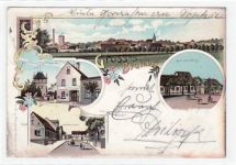 Lithographie Barby mit Schloss Dorfstraße, zum alten Fritz und Gasthof zum Adler gelaufen von 1904. Ecken mit Albumabdrücken leichte Stempelspuren, Oxydationsspuren an den Rändern, kleiner Knick unten links, sonst gut erhalten.
