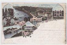 Lithographie Gruss aus Wörlitz mit gothischem Haus, Venus Tempel Stein herzöglichem Schloß und Hoel Eichenkranz gelaufen von 1897. Die Ak weist Oxydationsspuren auf. Sonst gut erhalten.