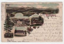 Lithographie Gruß aus Neuhaus am Rennweg mit Gasthof zur Post, Panorama vom Gasthof zur Post, Waidmannsheil, Kirche und Tanne gelaufen von 1901 kleiner Knick oben links, unten rechts und in der Mitte, leicht fleckig, sonst gut erhalten.