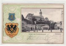 Sondershausen, Prägekarte mit Marktplatz und Wappen gelaufen von 1901 kleiner Knick oben links und unten rechts, sonst gut erhalten.