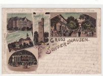 Sondershausen, Lithographie mit Staatsschulgebäude, Bismarckthurm, Schloss, Hotel zum Erbprinzen und Lohalle gelaufen von 1901 kleiner Riß am rechten Rand oben, leicht fleckig, sonst gut erhalten.