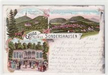 Sondershausen, Lithographie mit Lohalle, Gesamtansicht vom Zimmerberg gesehen und Bismarckthurm gelaufen von 1898. Oxydationsspuren an den Rändern, sonst gut erhalten.