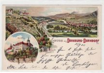Dornburg - Dorndorf a.d. Saale, Lithographie mit altem Schloss und Gesamtansicht gelaufen von 1902. Gute Erhaltung.