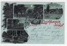 Eisenhammer b. Düben, Mondschein Lithographie mit Straßenpartie, Rückansicht mit See, Hammerwerk und Waldmotiv gelaufen von 1902. Ecken mit Albumabdrücken, sonst gut erhalten.