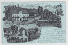 Mondscheinlithographie Moritzburg. Gruss vom Auer. Gasthaus Auer, Forsthaus Kreiern Wolf Denkmal gelaufen am 2.9.1903. Ecke n sind etwas abgeschürft, sonst gut erhalten.