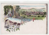 Pulsnitz, Lithographie Hauptmarkt und Schlossgarten ungelaufen Oxydationsspuren rechter Rand, sonst gut erhalten.