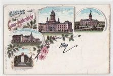 Berlin Steglitz, Lichterfelde, Lithographie mit 4 Abbildungen gelaufen von 1897 kleiner Knick oben und unten links, leicht bügig, Oxydationsspuren rechter Rand, sonst gut erhalten