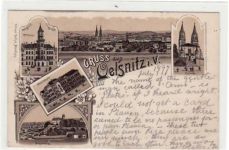 Oelsnitz, Lithographie mit 5 Abbildungen gelaufen von 1907. Gute Erhaltung.