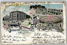 04639 O7422 Gößnitz Lithographie 1902 Hotel Central Festsaal Konzert Garten