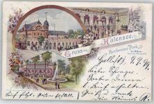 10115 W1000 Halensee 1899 Lithographie Kurfürsten Park Gasthaus Saal Straßenbahn