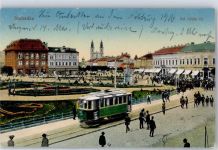 Subotica Szabadka Lithographie Straßenbahn Kirche
